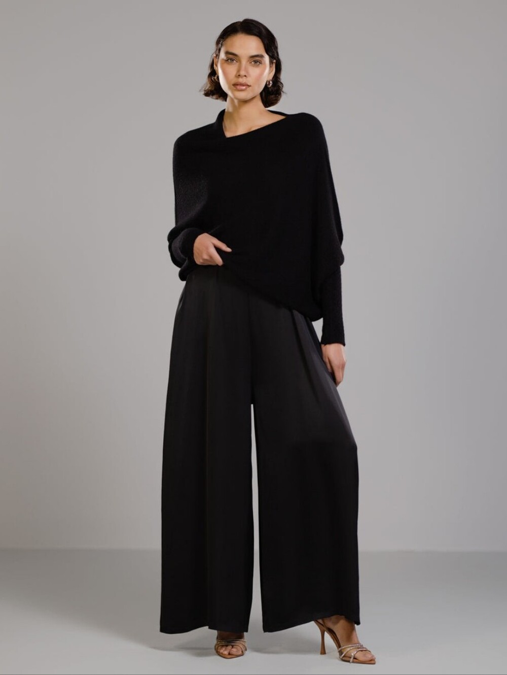 Jaki London Asymmetric Draped Black Seamless Knit Sweater